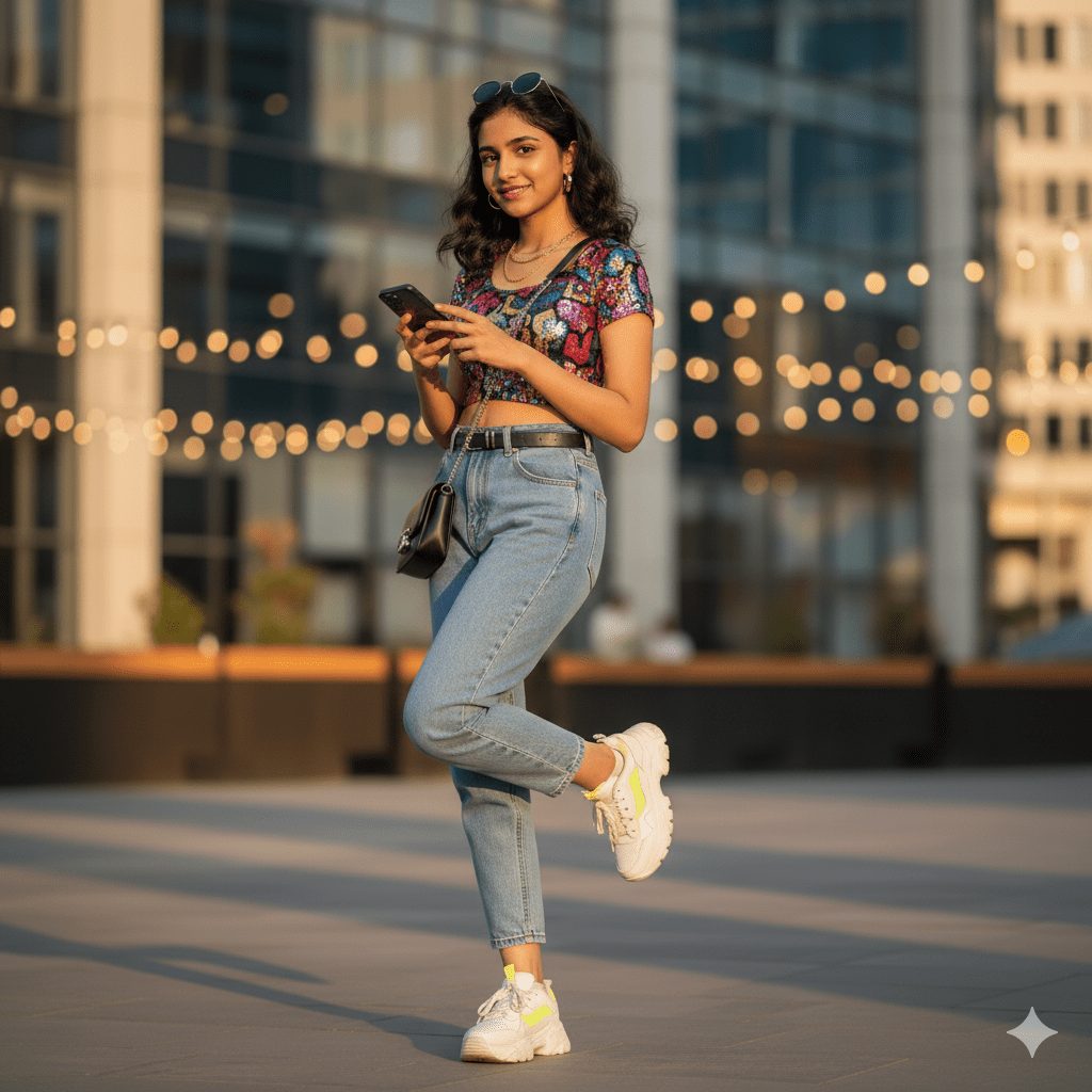 A fashionable young woman with dark wavy hair stands outdoors in a city plaza at sunset, wearing a multicolored sequined crop top, light-wash mom jeans, chunky white sneakers with neon accents, and sunglasses while checking her phone.