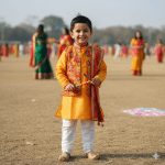 An adorable young boy with dark hair, wearing a bright orange kurta, white pajamas, a red and yellow embroidered jacket, and holding dandiya sticks, smiling at a large outdoor Indian festival celebration.