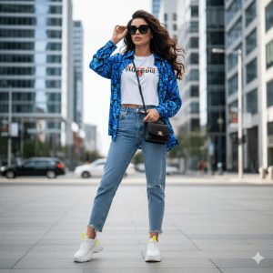 A fashionable woman standing in a city square wearing light-wash distressed mom jeans, a white graphic crop top, a vibrant blue floral button-down shirt, oversized sunglasses, a black shoulder bag, and chunky white and neon yellow sneakers.