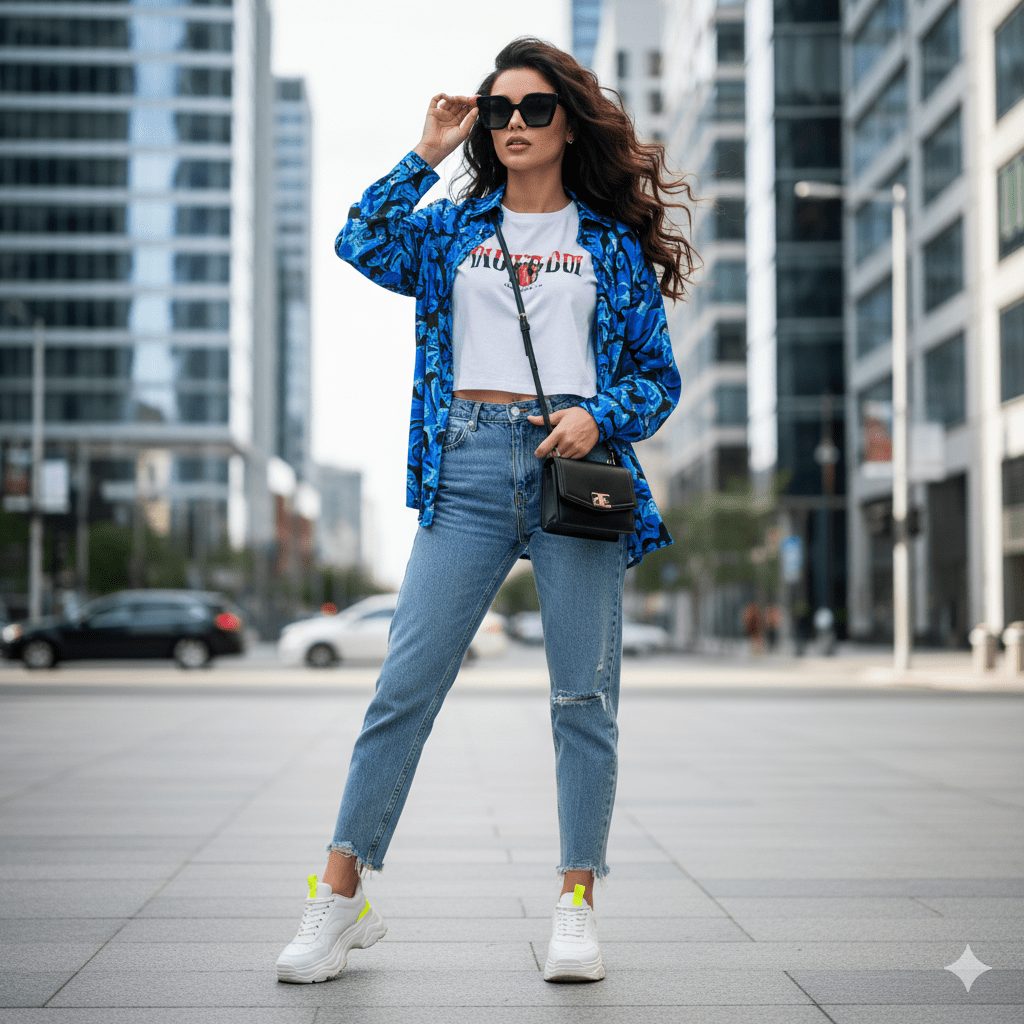 A fashionable woman standing in a city square wearing light-wash distressed mom jeans, a white graphic crop top, a vibrant blue floral button-down shirt, oversized sunglasses, a black shoulder bag, and chunky white and neon yellow sneakers.