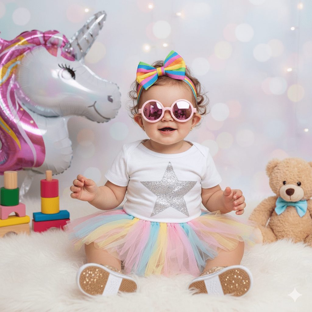 Adorable baby girl, about one year old, wearing a rainbow tutu, white star-print bodysuit, glitter sneakers, and pink round sunglasses with a matching rainbow bow headband, seated on a white fuzzy rug next to a large unicorn balloon and a teddy bear, with a soft, bokeh background.