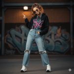 Confident person in black hoodie and ripped jeans posing in front of graffiti wall in urban alleyway, showcasing bold street style and attitude.