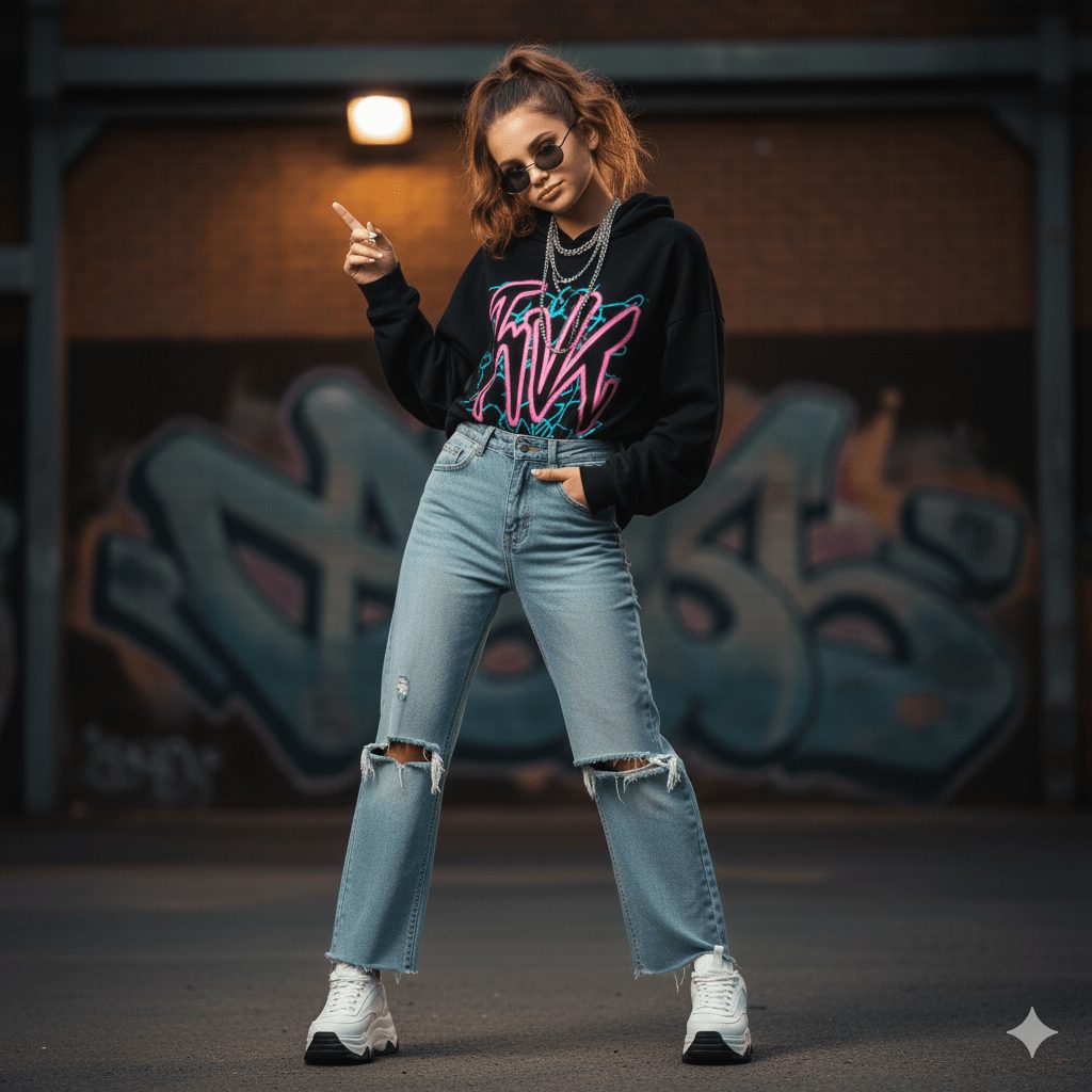 Confident person in black hoodie and ripped jeans posing in front of graffiti wall in urban alleyway, showcasing bold street style and attitude.