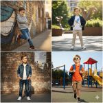Collage of four boys' fashion looks: Top-left: Boy in grey hoodie and ripped jeans leaning on a graffiti wall. Top-right: Boy in navy blazer, rocket t-shirt, and khakis. Bottom-left: Boy in denim jacket and jeans standing against a brick wall. Bottom-right: Boy in orange polo, cargo shorts, sunglasses, and a backpack at a playground.