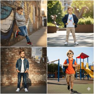 Collage of four boys' fashion looks: Top-left: Boy in grey hoodie and ripped jeans leaning on a graffiti wall. Top-right: Boy in navy blazer, rocket t-shirt, and khakis. Bottom-left: Boy in denim jacket and jeans standing against a brick wall. Bottom-right: Boy in orange polo, cargo shorts, sunglasses, and a backpack at a playground.