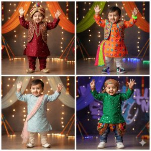 Four images of a joyful Indian baby boy in different vibrant traditional outfits (maroon, orange, light blue, green) with turbans and festive backdrops, celebrating Indian festivals.