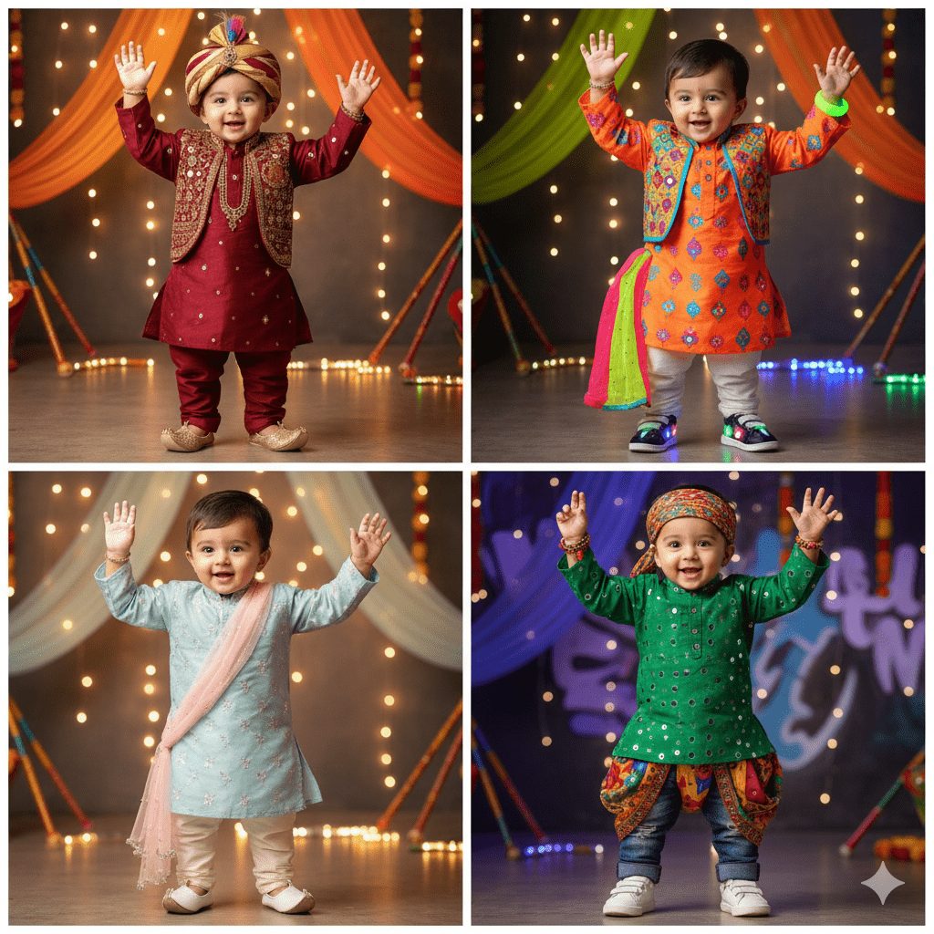 Four images of a joyful Indian baby boy in different vibrant traditional outfits (maroon, orange, light blue, green) with turbans and festive backdrops, celebrating Indian festivals.