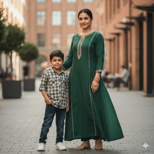 Indian woman in an elegant dark green Anarkali kurti with gold embroidery standing with her son in a plaid shirt and jeans on an urban street.