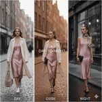 A vertical three-panel fashion image showing a woman wearing a pink silk slip dress styled for three times of day: "Day" (with white sneakers and trench coat), "Dusk" (with black heels and clutch), and "Night" (with heels, silk scarf, and black and white filter).