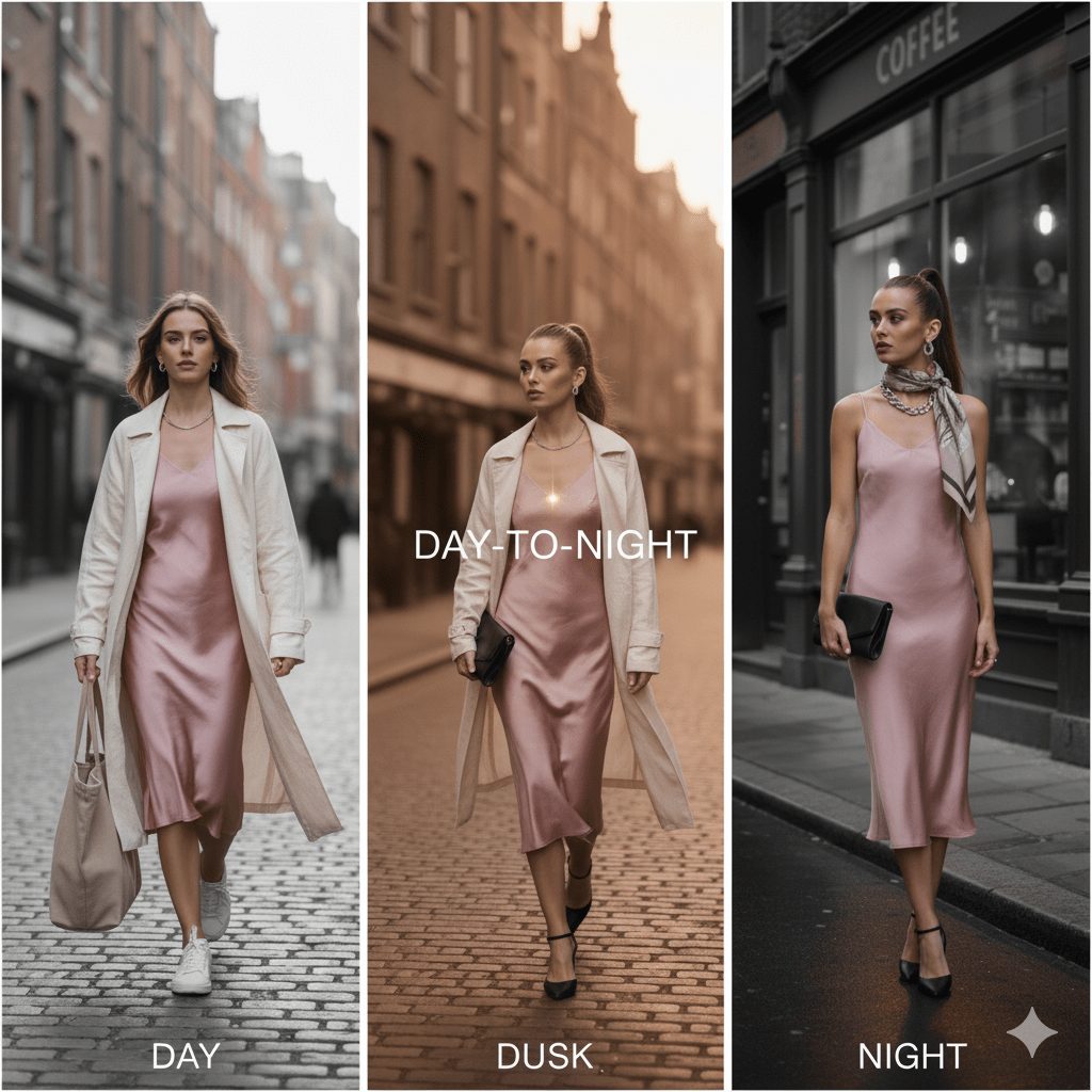 A vertical three-panel fashion image showing a woman wearing a pink silk slip dress styled for three times of day: "Day" (with white sneakers and trench coat), "Dusk" (with black heels and clutch), and "Night" (with heels, silk scarf, and black and white filter).