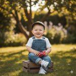 A smiling baby boy wearing denim overalls, a white t-shirt, a baseball cap, and white sneakers, sitting on a wooden crate in a sunlit grassy garden. He is happily holding a small red toy car, with trees and soft foliage in the background.