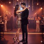 A glamorous couple embracing and looking into each other's eyes on a dance floor. The woman wears a gold sequined mini-dress and black heels, and the man wears a black velvet tuxedo jacket, lit by warm string lights and spotlights at a formal event.