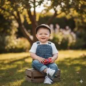 A smiling baby boy wearing denim overalls, a white t-shirt, a baseball cap, and white sneakers, sitting on a wooden crate in a sunlit grassy garden. He is happily holding a small red toy car, with trees and soft foliage in the background.