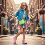 Energetic young girl smiling in a colorful urban alley, wearing a rainbow striped top, a bright rainbow pleated mini skirt, a denim jacket, pink chunky sneakers, and purple star-shaped sunglasses with a neon green cross-body bag.