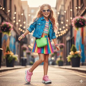 Energetic young girl smiling in a colorful urban alley, wearing a rainbow striped top, a bright rainbow pleated mini skirt, a denim jacket, pink chunky sneakers, and purple star-shaped sunglasses with a neon green cross-body bag.