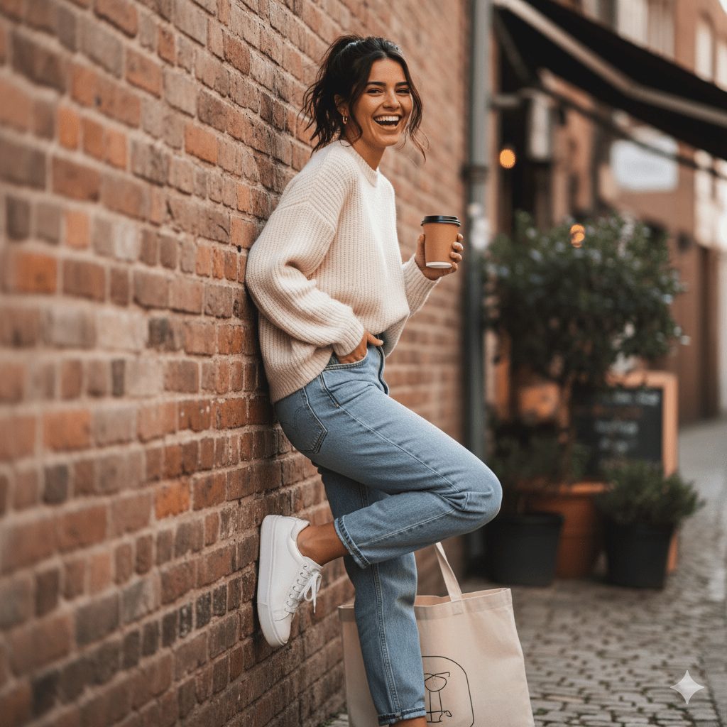 Joyful young woman wearing a chunky cream knit sweater, light wash blue mom jeans, and white sneakers, leaning happily against a red brick wall while holding a disposable coffee cup and a canvas tote bag on an old European street.