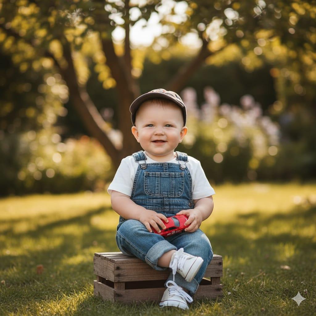 A smiling baby boy wearing denim overalls, a white t-shirt, a baseball cap, and white sneakers, sitting on a wooden crate in a sunlit grassy garden. He is happily holding a small red toy car, with trees and soft foliage in the background.
