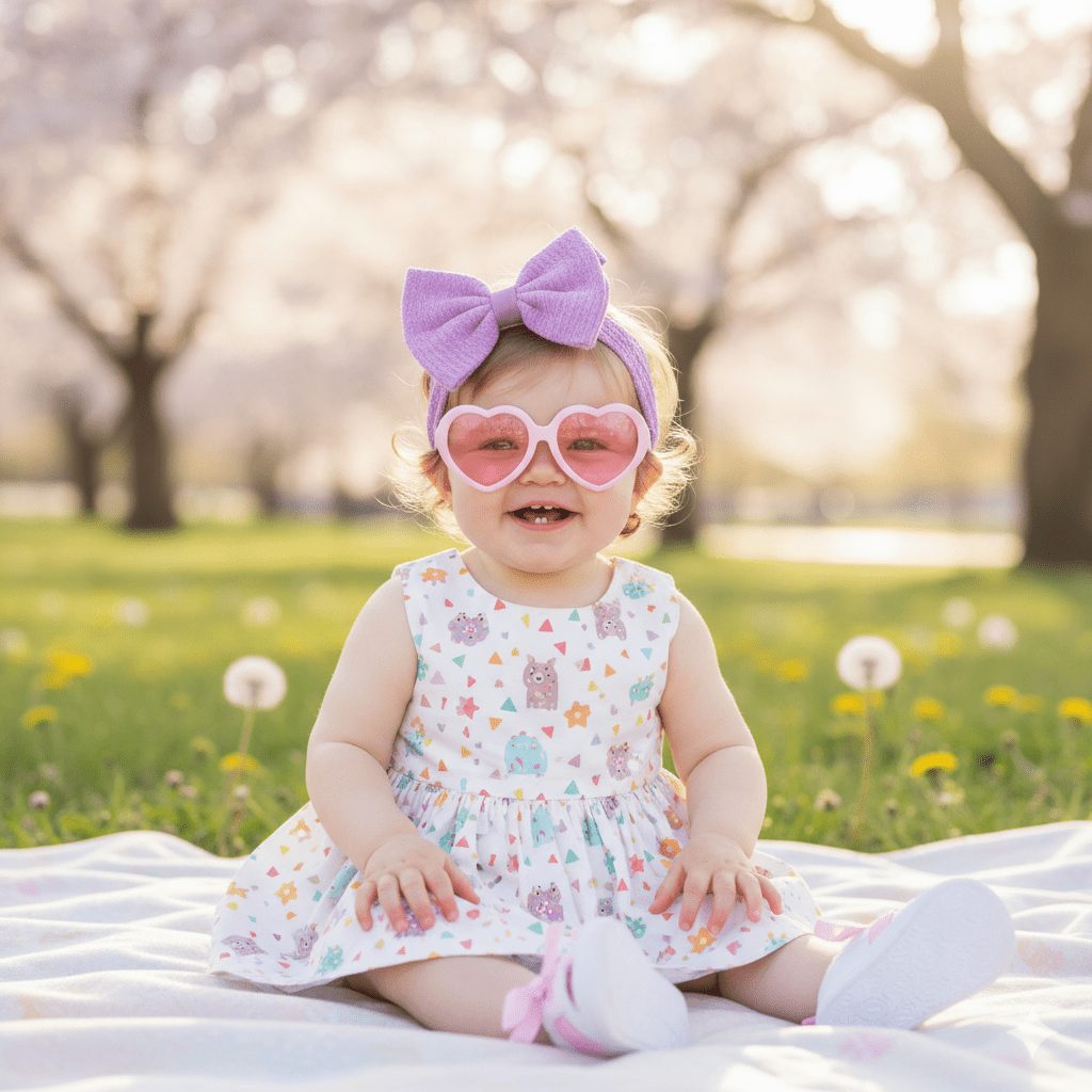 Adorable smiling baby girl in a white patterned sundress, a large purple bow headband, and pink heart-shaped sunglasses, seated on a white blanket during a sunny spring park picnic with cherry blossom trees and dandelions in the background.