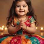A beautiful, smiling toddler girl with long dark hair, wearing a colorful patch-work Lehenga Choli with gold embroidery and a bindi, sitting with hands pressed together in a Namaste gesture, surrounded by warm, glowing oil lamps.