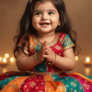 A beautiful, smiling toddler girl with long dark hair, wearing a colorful patch-work Lehenga Choli with gold embroidery and a bindi, sitting with hands pressed together in a Namaste gesture, surrounded by warm, glowing oil lamps.