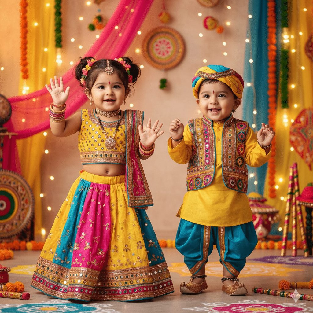Two joyful Indian toddlers, a girl and a boy, dressed in vibrant traditional Garba outfits with mirror work, standing against a colorful festive backdrop.