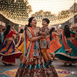 Joyful Indian mother holding her young son amidst a crowd of dancers under string lights, both wearing vibrant, heavily embroidered and mirror-work traditional Garba or Navratri outfits.