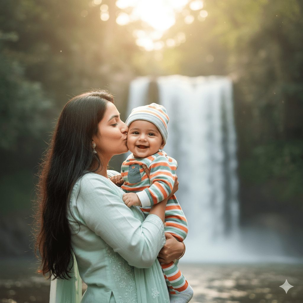 A beautiful mother wearing a light green traditional outfit kisses her baby's cheek while holding them in front of a majestic waterfall in a lush, green forest setting. The baby, dressed in a striped romper and beanie, is smiling brightly at the camera. The scene is illuminated by soft, golden sunlight.