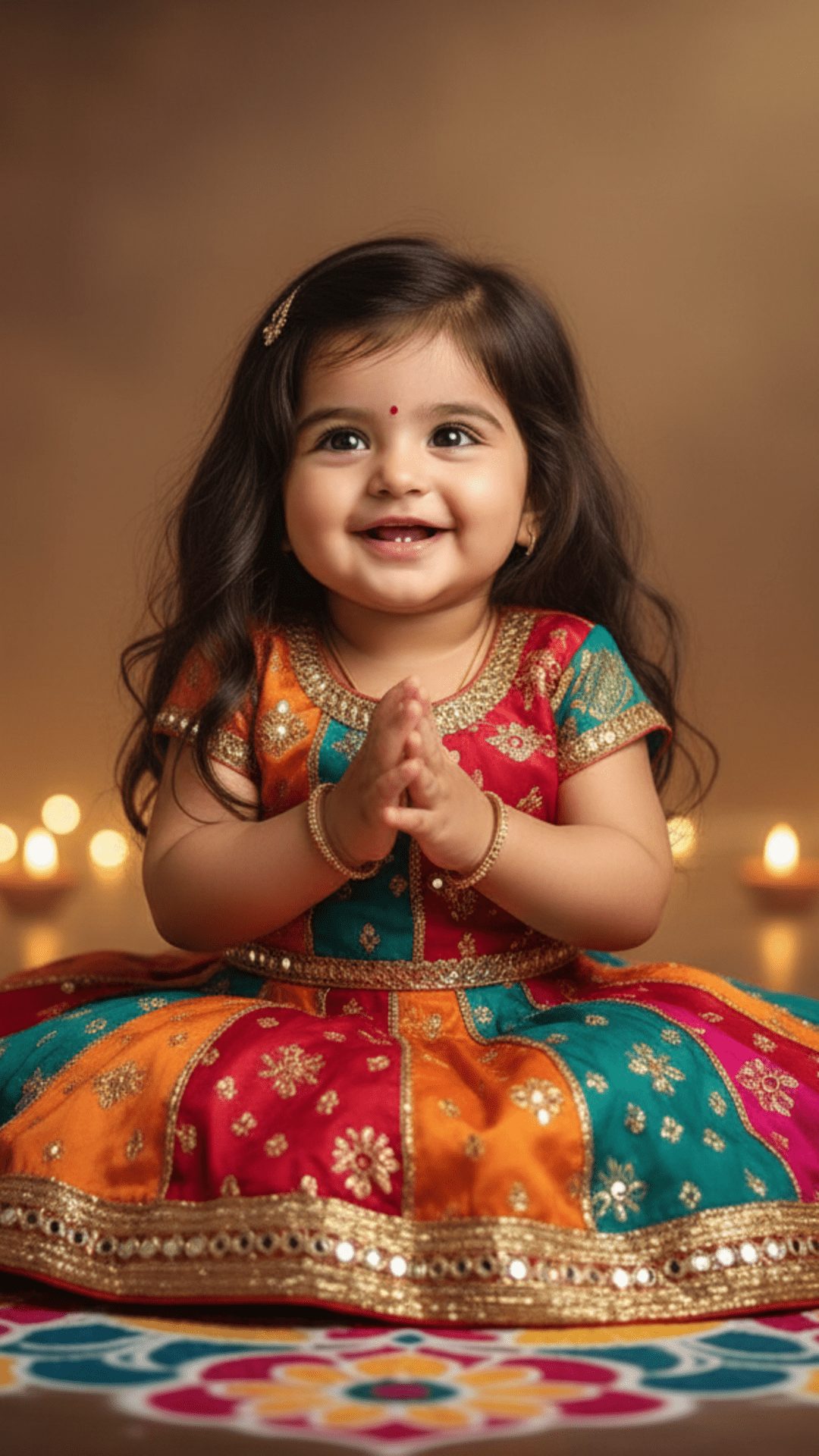 A beautiful, smiling toddler girl with long dark hair, wearing a colorful patch-work Lehenga Choli with gold embroidery and a bindi, sitting with hands pressed together in a Namaste gesture, surrounded by warm, glowing oil lamps.