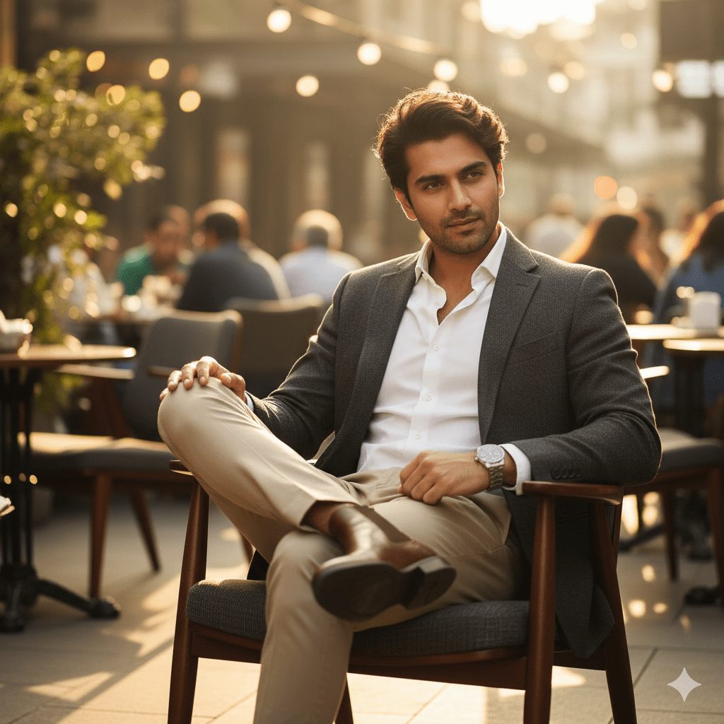 Handsome young businessman in a gray blazer and tan pants sitting confidently at an outdoor cafe.