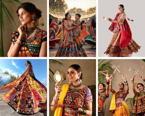 The vibrant spirit of Navratri comes alive! ✨ Dancers celebrating in stunning traditional Chaniya Cholis adorned with intricate mirror work and bold embroidery. This traditional attire, often worn for Garba and Dandiya Raas, is a true reflection of Indian craftsmanship and festive joy. Get inspired for your next festive look!