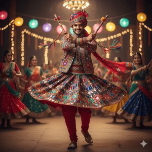 Celebrate the rich heritage of Navratri with this captivating image of an Indian man performing the traditional Garba dance. Dressed in a vividly embroidered outfit with mirror work and a colorful turban, he spins gracefully while holding dandiya sticks, surrounded by glowing paper lanterns and festive string lights. Indian man performing energetic Garba dance in colorful traditional Navratri attire with dandiya sticks, surrounded by festive lights and lanterns