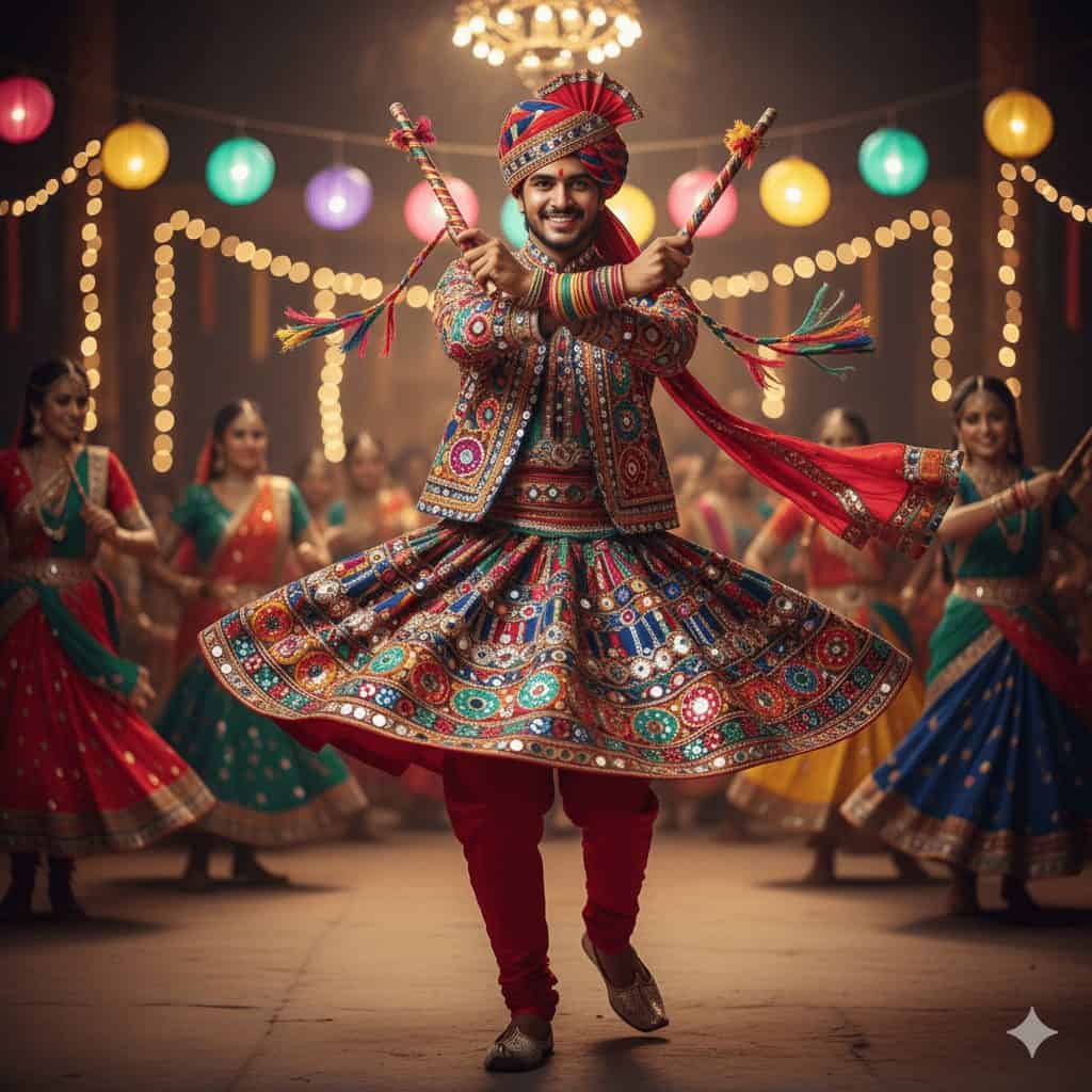 Celebrate the rich heritage of Navratri with this captivating image of an Indian man performing the traditional Garba dance. Dressed in a vividly embroidered outfit with mirror work and a colorful turban, he spins gracefully while holding dandiya sticks, surrounded by glowing paper lanterns and festive string lights. Indian man performing energetic Garba dance in colorful traditional Navratri attire with dandiya sticks, surrounded by festive lights and lanterns