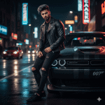Stylish man in black leather jacket and ripped jeans leaning on a black muscle car with city neon lights glowing at night