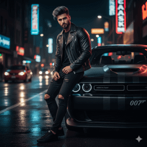 Stylish man in black leather jacket and ripped jeans leaning on a black muscle car with city neon lights glowing at night