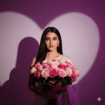 Graceful woman in a white saree holding a bouquet of pink and blush roses standing against a purple background with a soft glowing heart-shaped light