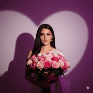 Graceful woman in a white saree holding a bouquet of pink and blush roses standing against a purple background with a soft glowing heart-shaped light