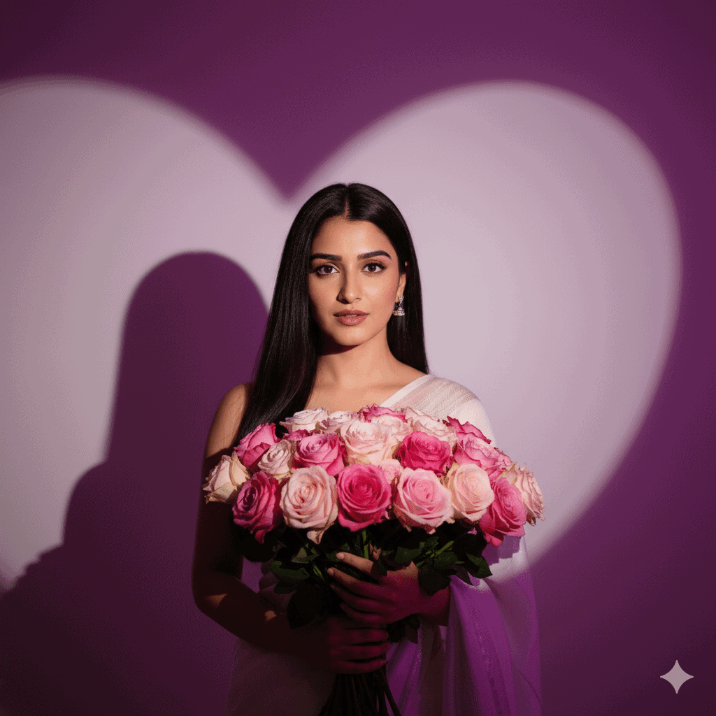 Graceful woman in a white saree holding a bouquet of pink and blush roses standing against a purple background with a soft glowing heart-shaped light