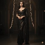 A handsome man with a clean haircut and sunglasses, wearing a black Balmain logo bathrobe and silver necklaces, stands in a modern, luxurious living room holding a coffee mug and a smartphone.