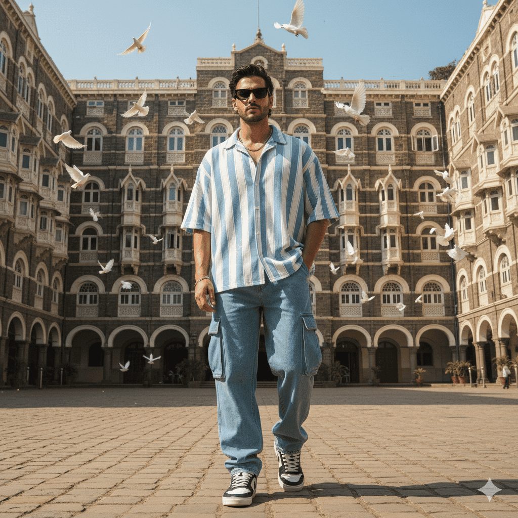 Bold stripes, timeless vibes 🕶️✨ Fashion-forward man in blue-and-white striped shirt, cargo jeans, and sneakers walking confidently in front of Mumbai’s iconic heritage architecture with white pigeons flying