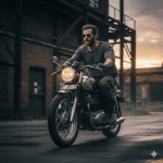 Bearded man in dark casual gear and sunglasses riding a classic vintage motorcycle through an industrial street at sunset, exuding freedom and biker lifestyle vibes