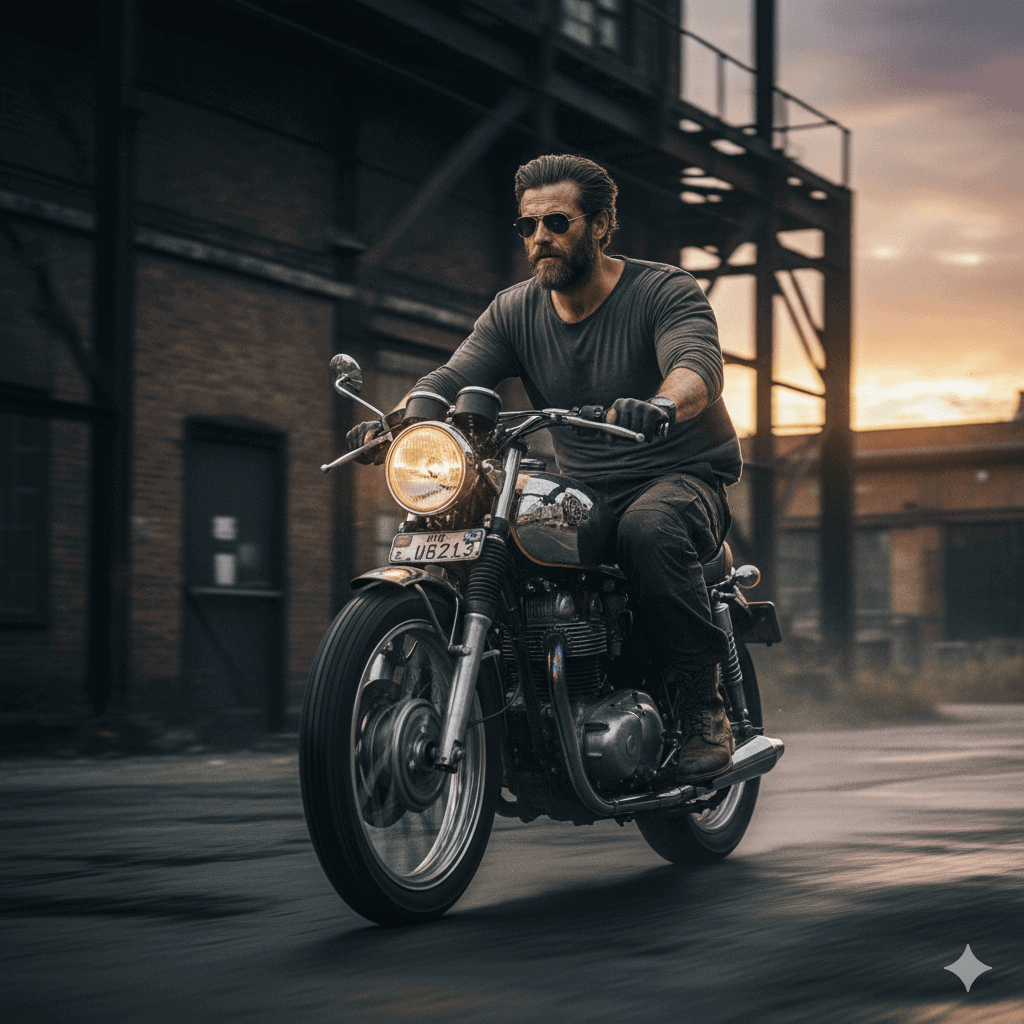 Bearded man in dark casual gear and sunglasses riding a classic vintage motorcycle through an industrial street at sunset, exuding freedom and biker lifestyle vibes
