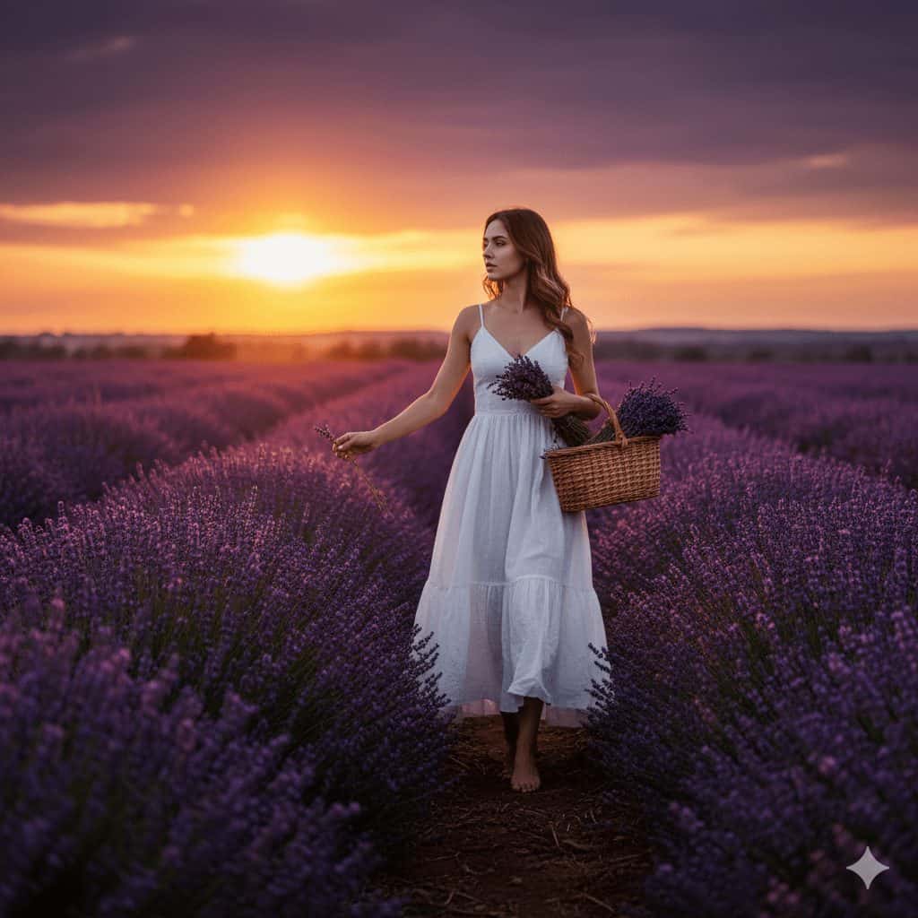 Woman in flowing white dress walking barefoot through blooming lavender field at sunset, holding wicker basket of fresh lavender flowers