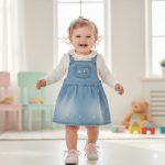 Joyful toddler girl with a big smile walking toward the camera in a bright, minimalist room, wearing an embroidered denim overall dress, a white long-sleeve shirt with a ruffled collar, white sneakers with pink laces, and a rainbow bow headband.