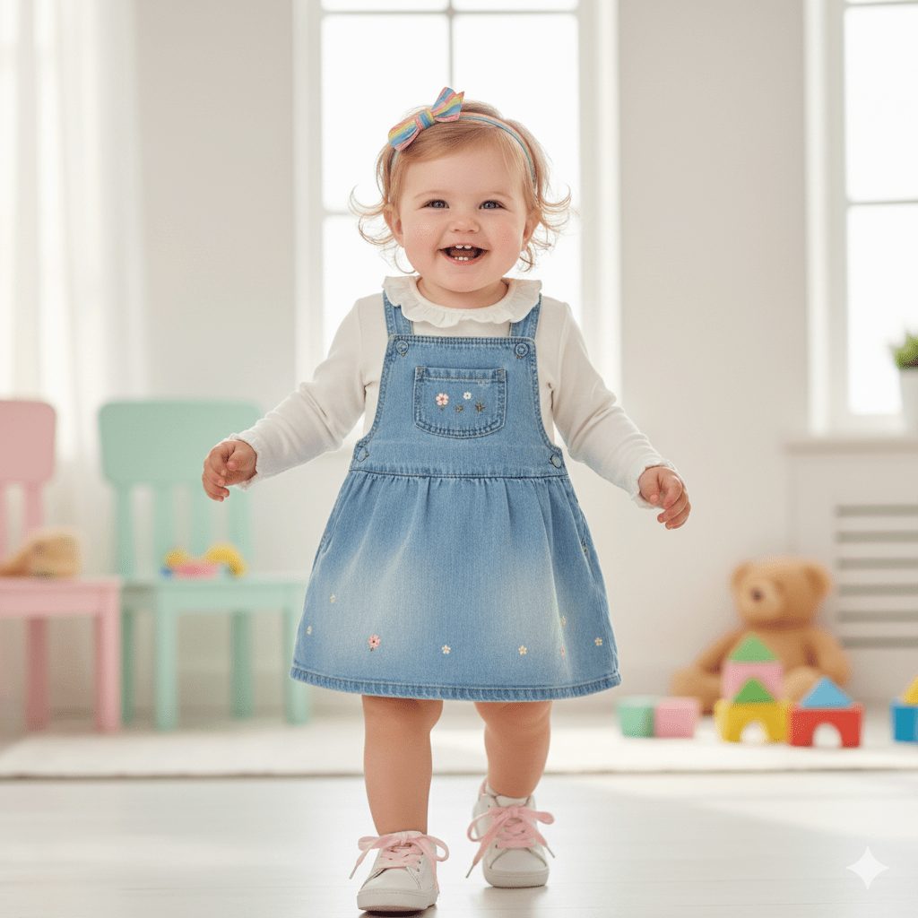 Joyful toddler girl with a big smile walking toward the camera in a bright, minimalist room, wearing an embroidered denim overall dress, a white long-sleeve shirt with a ruffled collar, white sneakers with pink laces, and a rainbow bow headband.