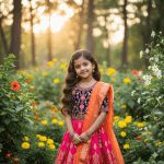 An adorable young girl with long dark hair, wearing a vibrant pink and navy blue embroidered Lehenga Choli and an orange dupatta, standing and smiling in a sunlit garden filled with yellow and orange flowers.