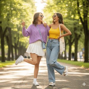 Two happy young women with sunglasses and trendy casual outfits—one in a purple sweater and white pleated skirt, the other in a yellow crop top and wide-leg jeans—pose joyfully on a sun-drenched, tree-lined path in a park.