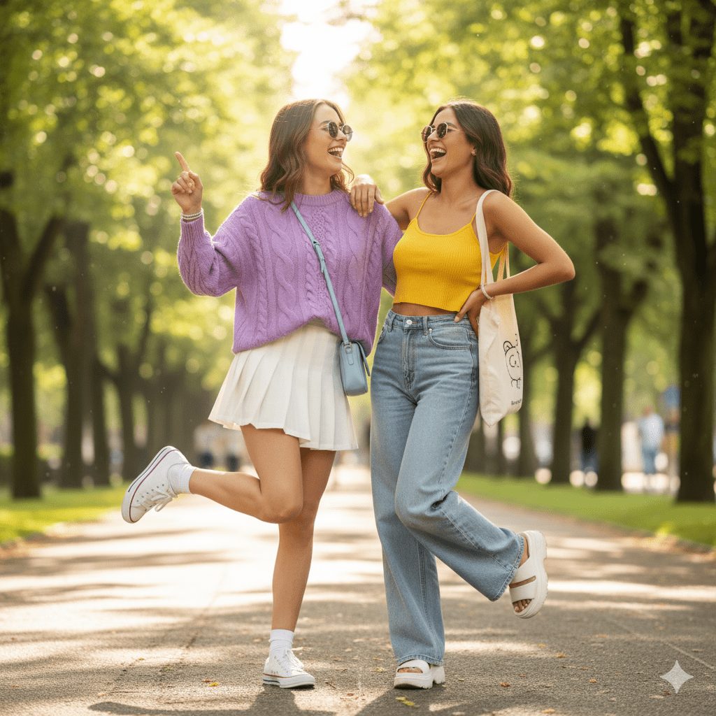 Two happy young women with sunglasses and trendy casual outfits—one in a purple sweater and white pleated skirt, the other in a yellow crop top and wide-leg jeans—pose joyfully on a sun-drenched, tree-lined path in a park.