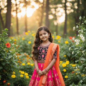 An adorable young girl with long dark hair, wearing a vibrant pink and navy blue embroidered Lehenga Choli and an orange dupatta, standing and smiling in a sunlit garden filled with yellow and orange flowers.