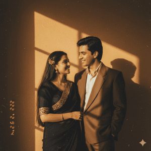 Elegant couple standing close together in warm golden-hour sunlight, woman in black saree with gold border and man in classic brown suit, smiling at each other with a vintage film look