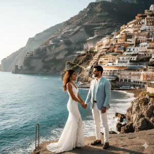 A two-panel composite image of a young boy in a blue jacket and jeans, first happily jumping high above a field of red, yellow, and purple flowers, and second, standing and smiling casually next to a cherry blossom tree.